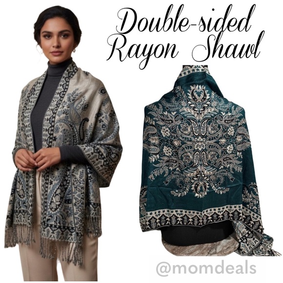 Villagers Collection Accessories - Elegant Shawl Wrap Scarf Double-Sided Super Soft Rayon Silver Emerald Green